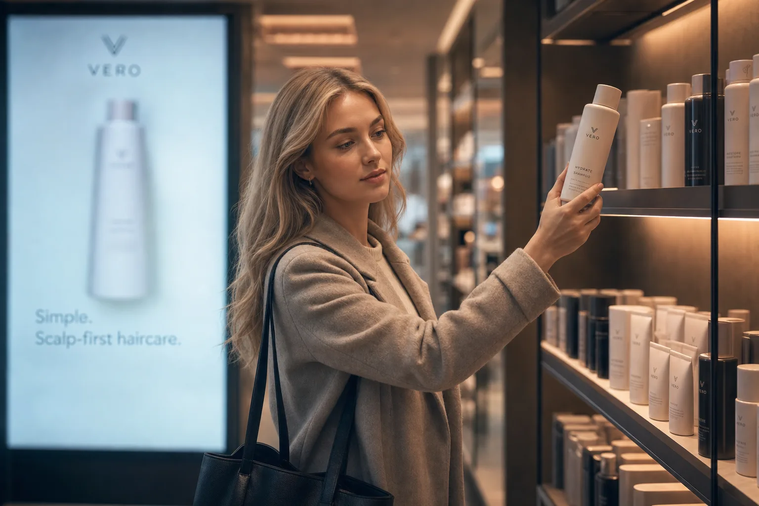 A shopper reaching for a product on a shelf while a nearby in-store screen advertises the same product