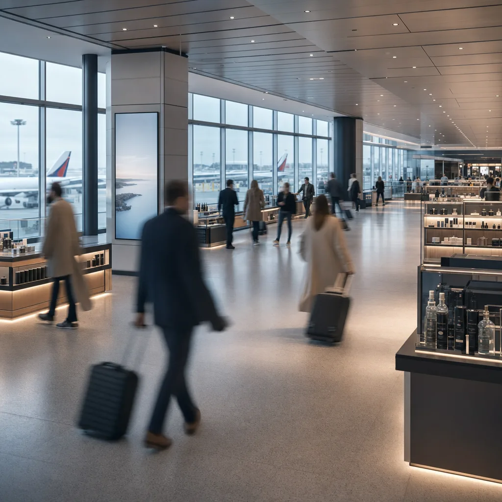 A high-traffic retail destination with a digital advertising screen