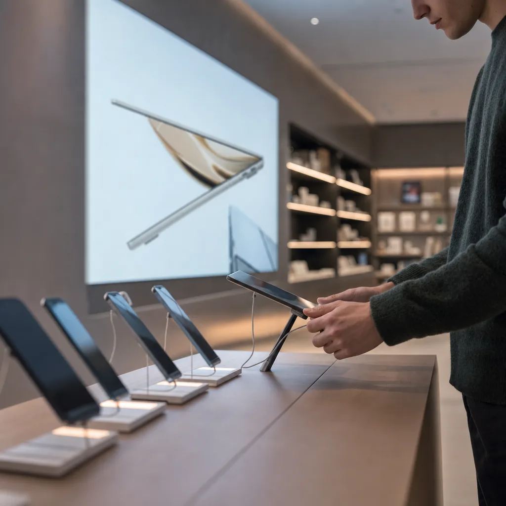En elektronikbutik med en digital reklamskärm