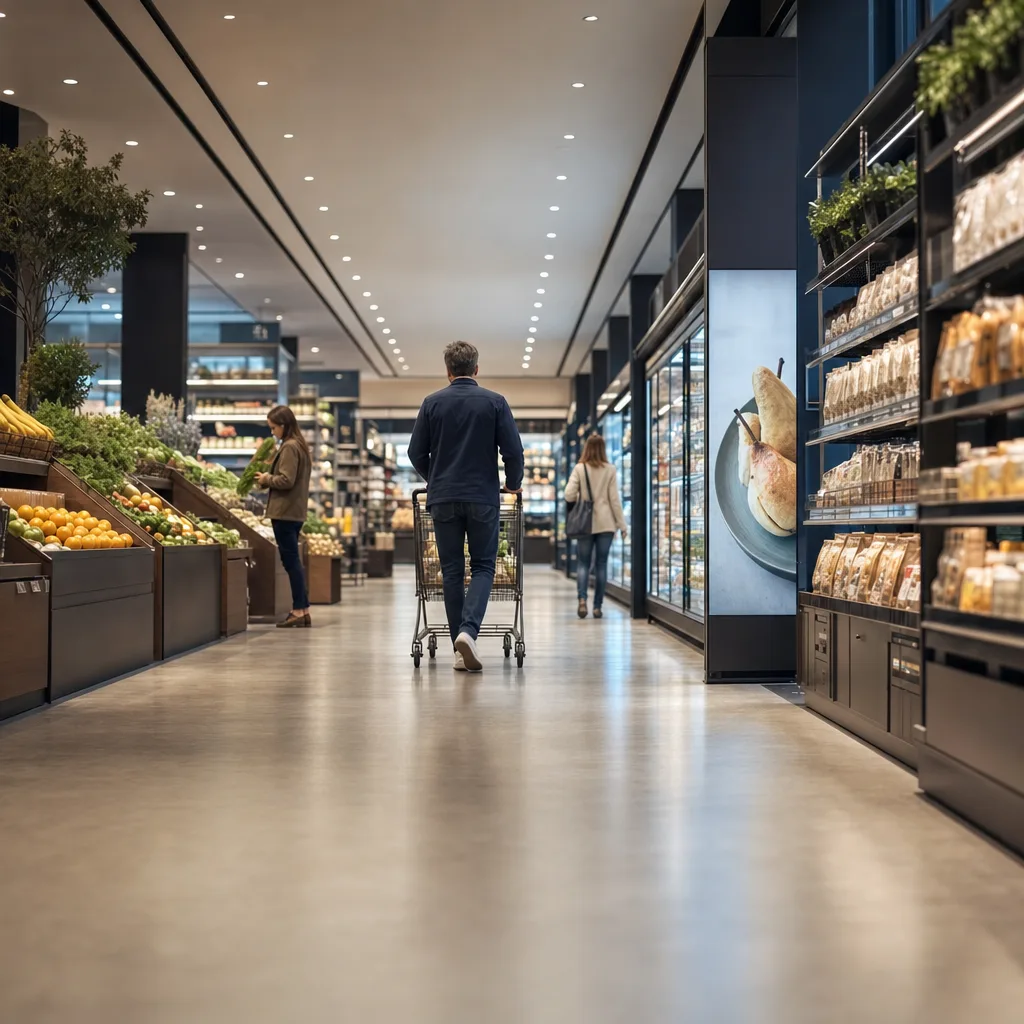 A supermarket aisle with a digital advertising screen