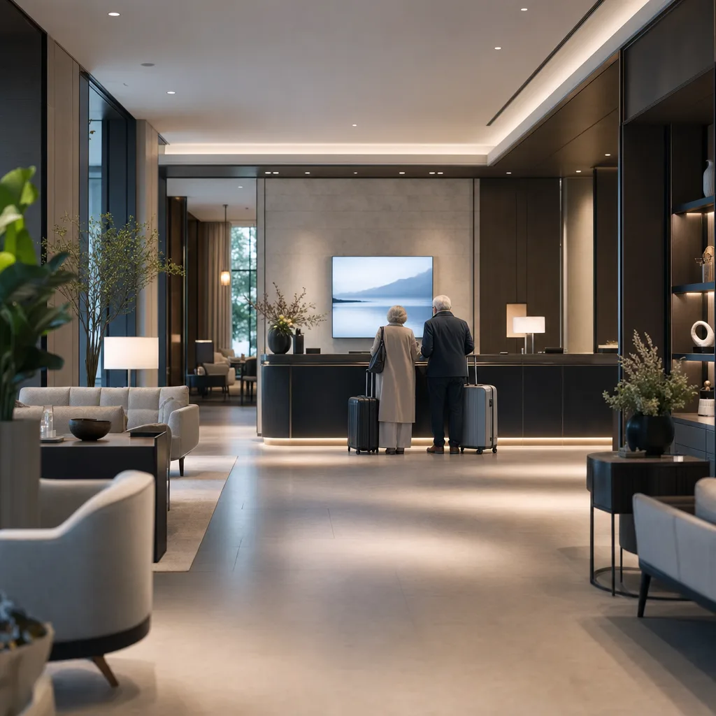 En hotellobby med en digital reklamskärm