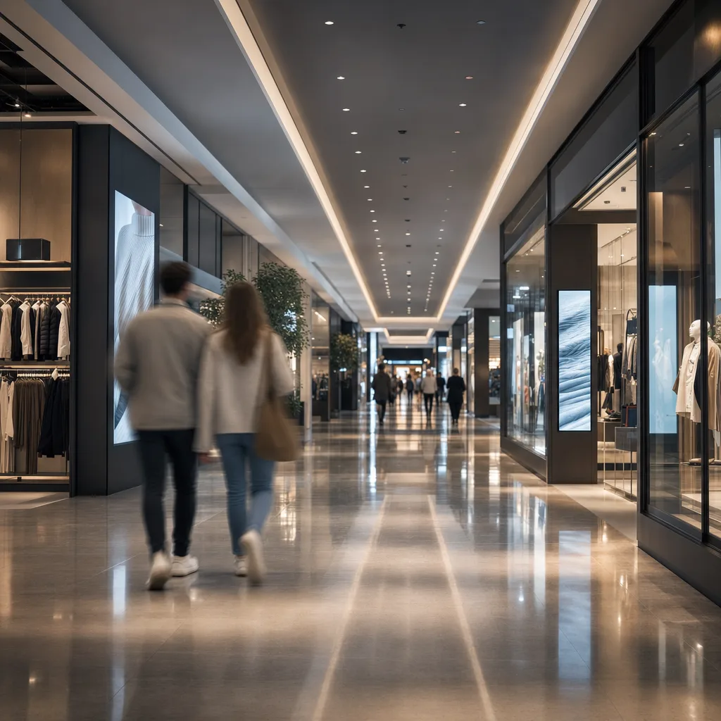A shopping centre walkway lined with storefronts and a digital advertising screen