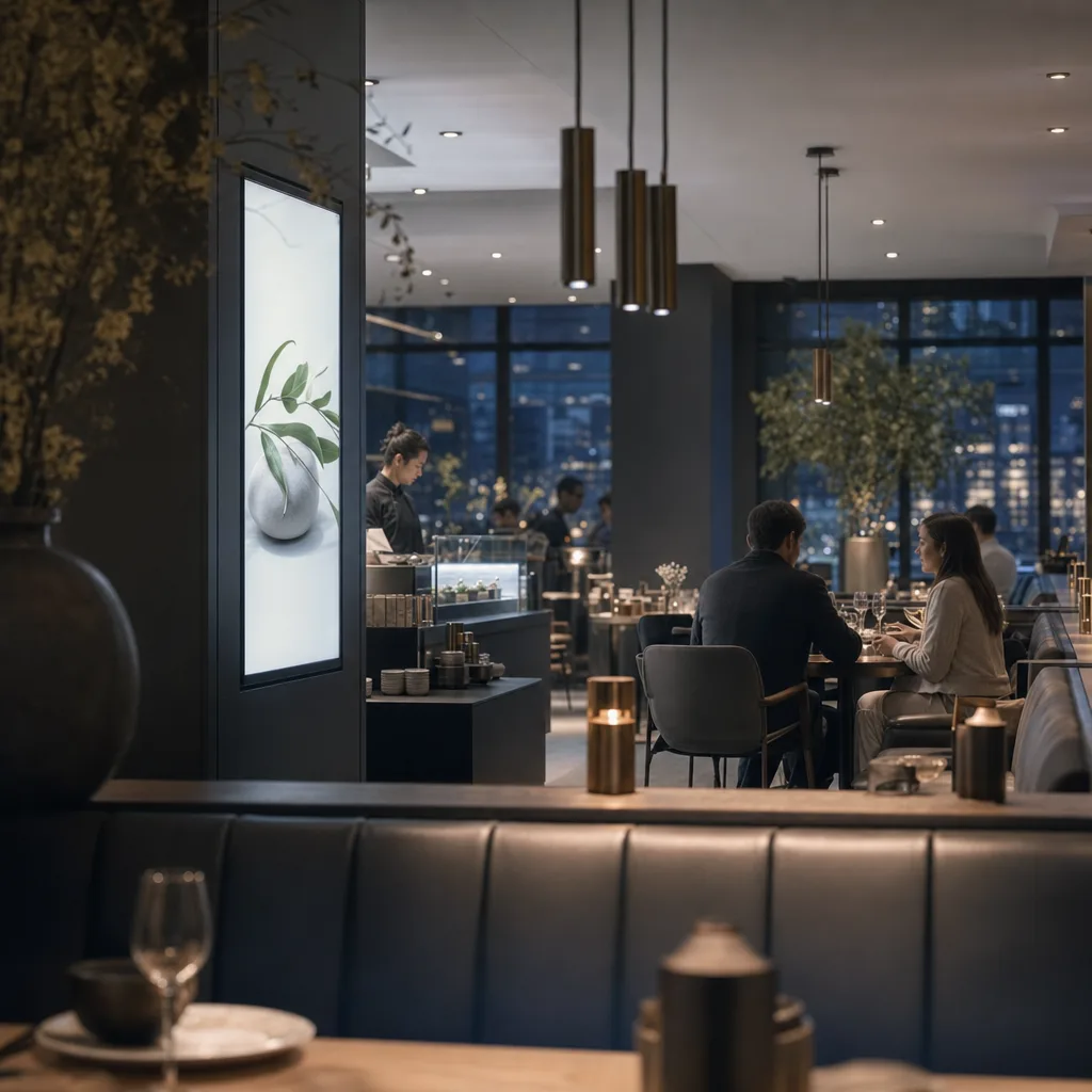 En restaurang med en digital reklamskärm