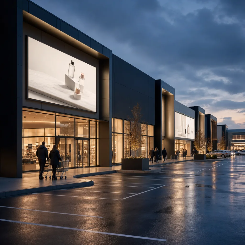 A commercial retail property at dusk with a digital advertising screen
