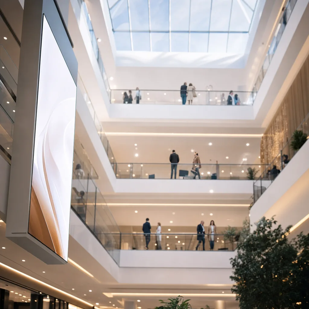 Ett köpcentrums atrium med en digital reklamskärm